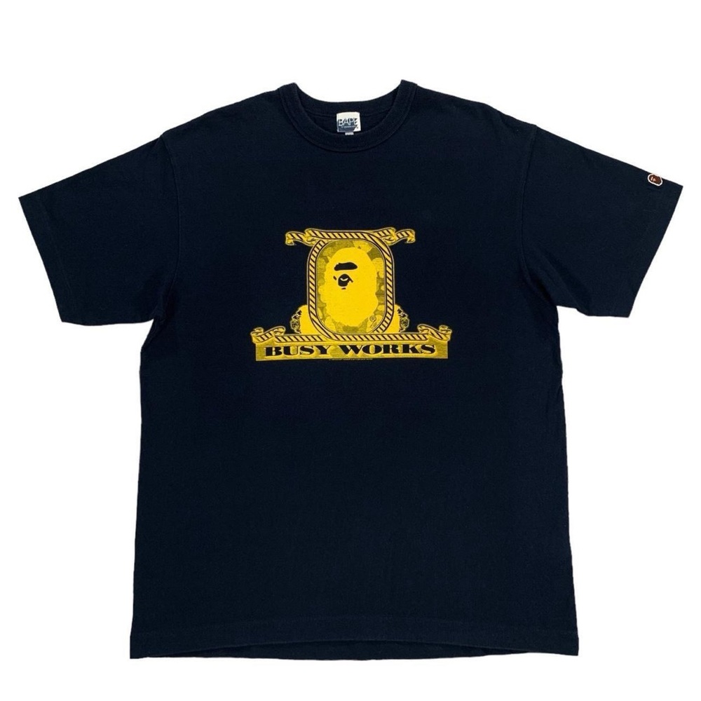 Vintage A Bathing Ape Bape Busy Works Navy Blue & Yellow 2007 T Shirt Size Large
